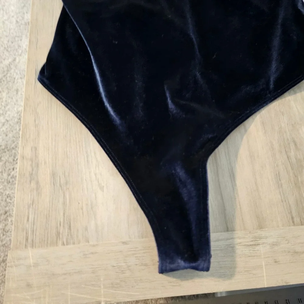 Fabletics Gigi Velour Bodysuit Bodysuit Medium Blue One Shoulder Snap Closure